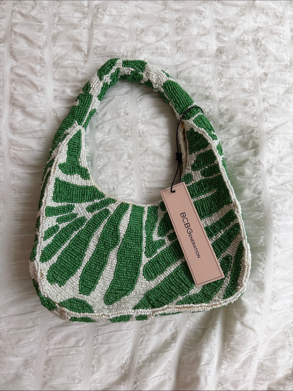 BCBGeneration Green & White Beaded Shoulder Bag, brand new